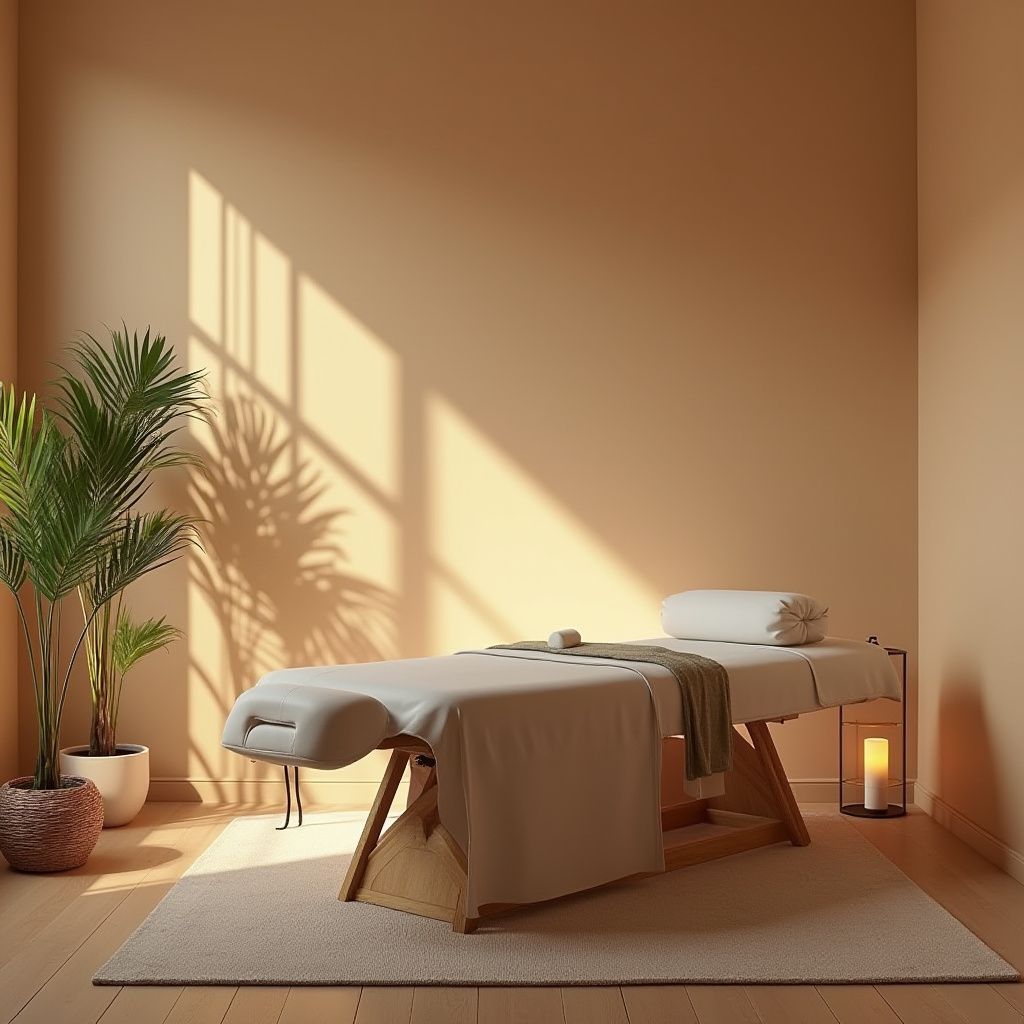 Massage room with massage table, potted plant, and candle. Warm tones and natural light.