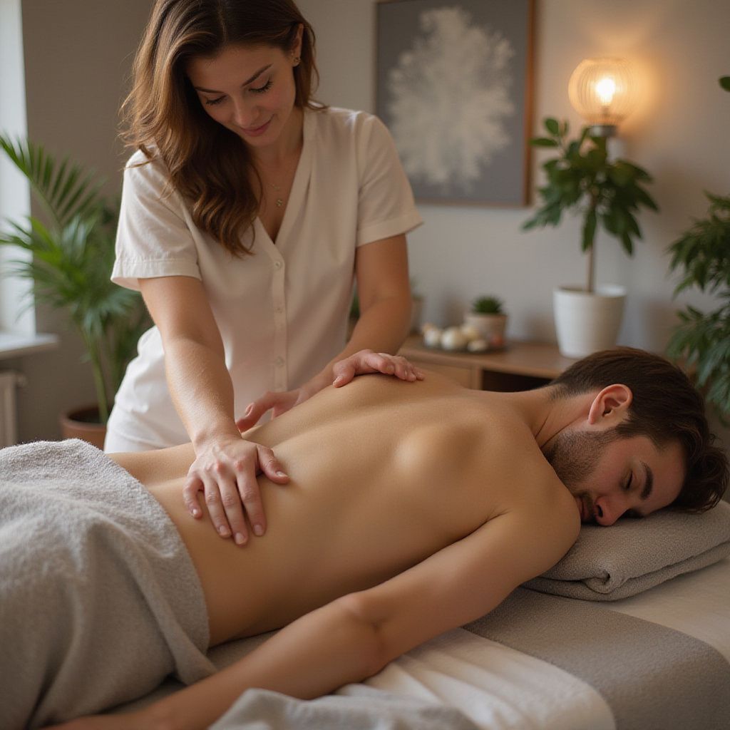 Person receiving a back massage in a spa setting. The masseuse massages their back.