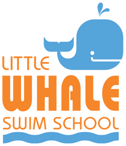 Little Whale Swim School logo with blue whale and orange text on white background