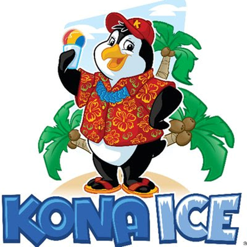 Cartoon penguin in a red Hawaiian shirt and cap, posing beside palm trees above the KONA ICE logo