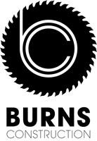 Burns Construction logo with a black circular saw blade icon and bold text on white background