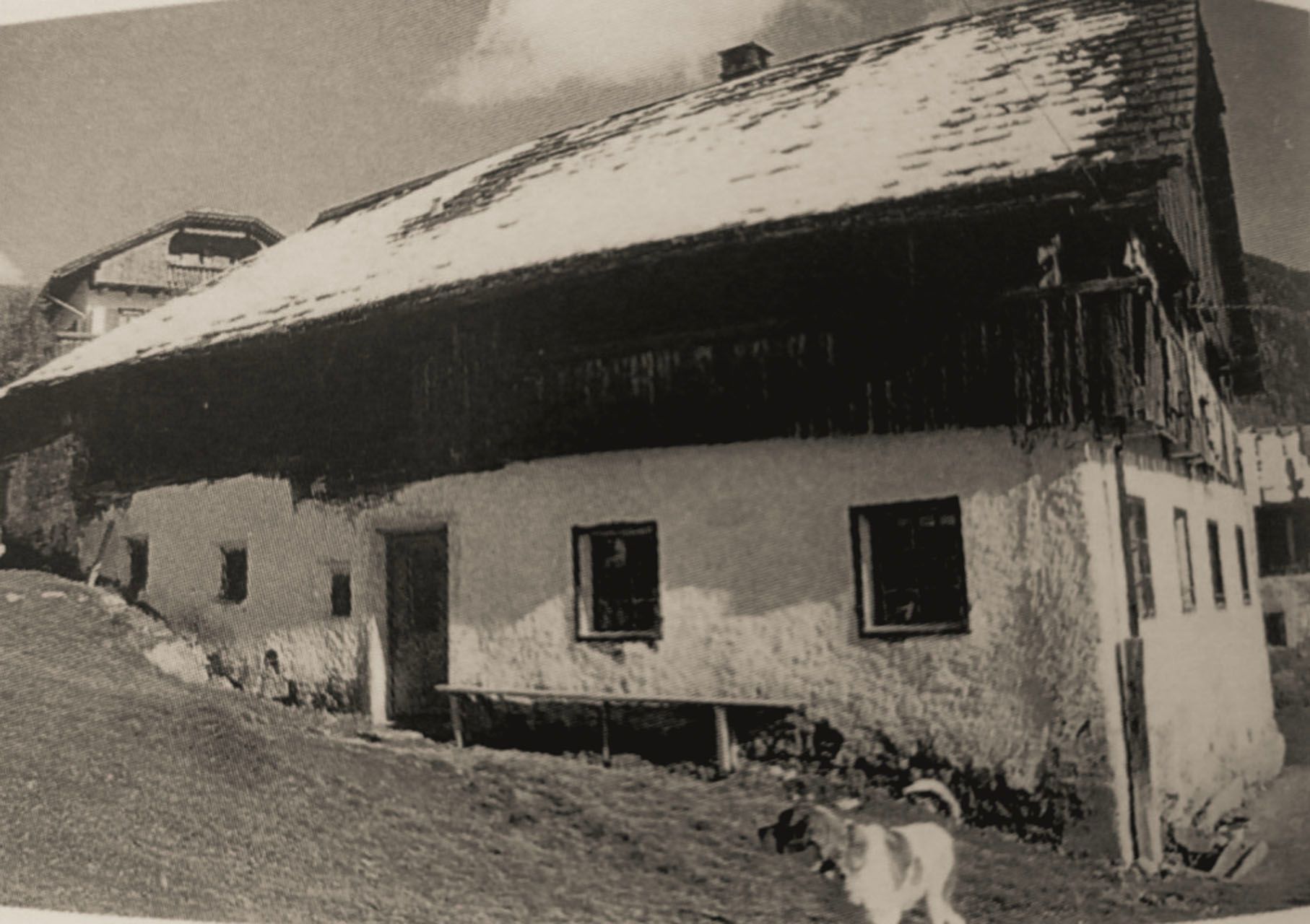 Ein Schwarz-Weiß-Foto eines alten Bauernhofes in Südtirol mit einem Hund davor