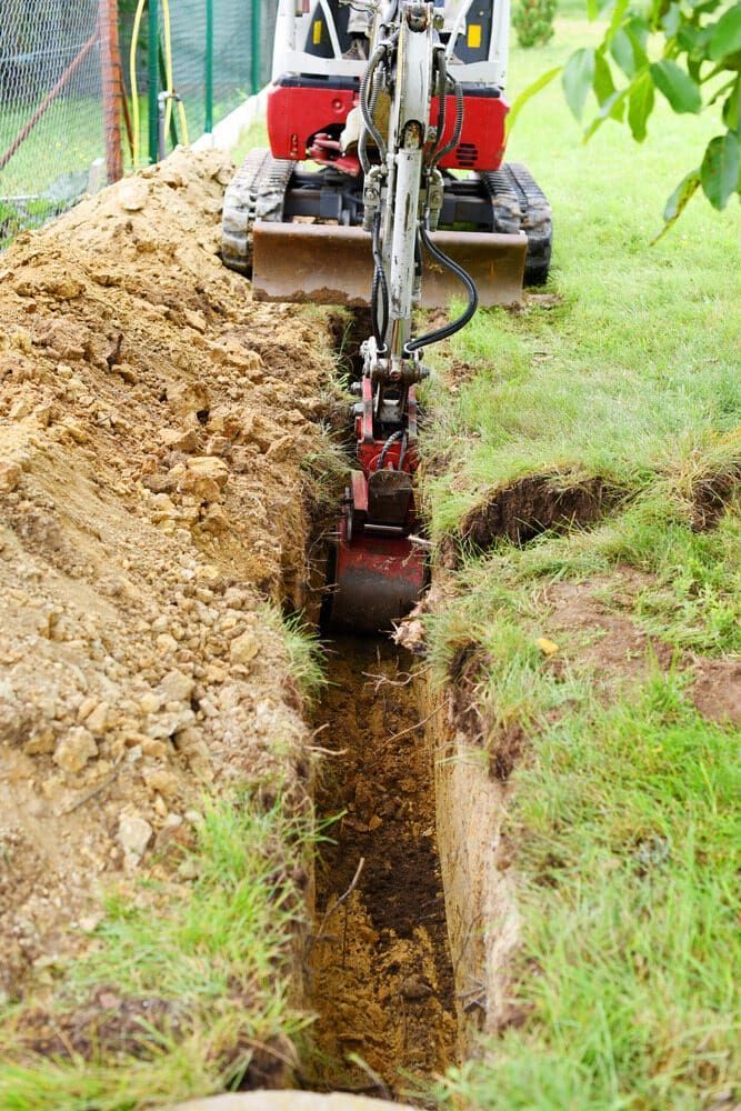 Mini Excavator Digging a Trench in a Grassy Area — Machinery & Equipment Hire in Trinity Beach, QLD
