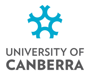 Canberra University logo containing the blue circular icon and dark text that read - Canberra University.
