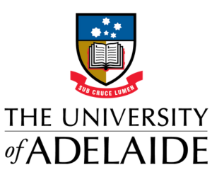 Coat of arms with a book followed by the words in black that read The University of Adelaide.
