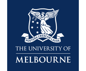 Dark blue background with white Melbourne University logo that has the coat of arms and reads Melbourne University.