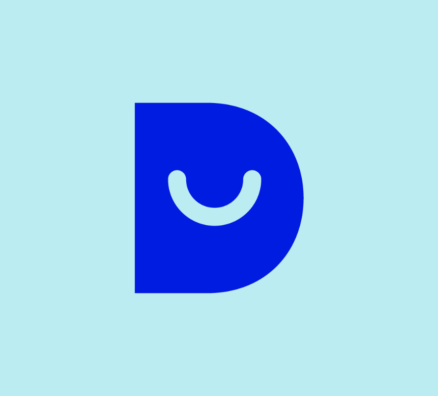 Dark Blue solid filled letter D with a smiley mouth cut out.