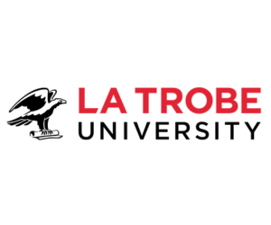 La Trobe University logo, containing an image of an eagle and red and black text that reads - La Trobe University.