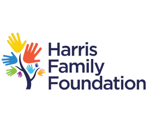 Tree with colourful hands as branches to the left of the dark blue words that read Harris Family Foundation