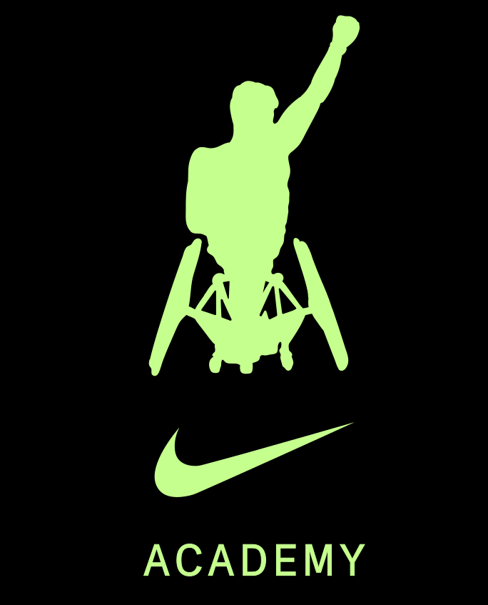 Black background with light green Dylan Alcott Foundation Nike Academy logo which is a stacked silhouette of Dylan in a tennis wheelchair, one hand fist pumps to the sky. Underneath is the Nike swoosh followed by the word Academy.