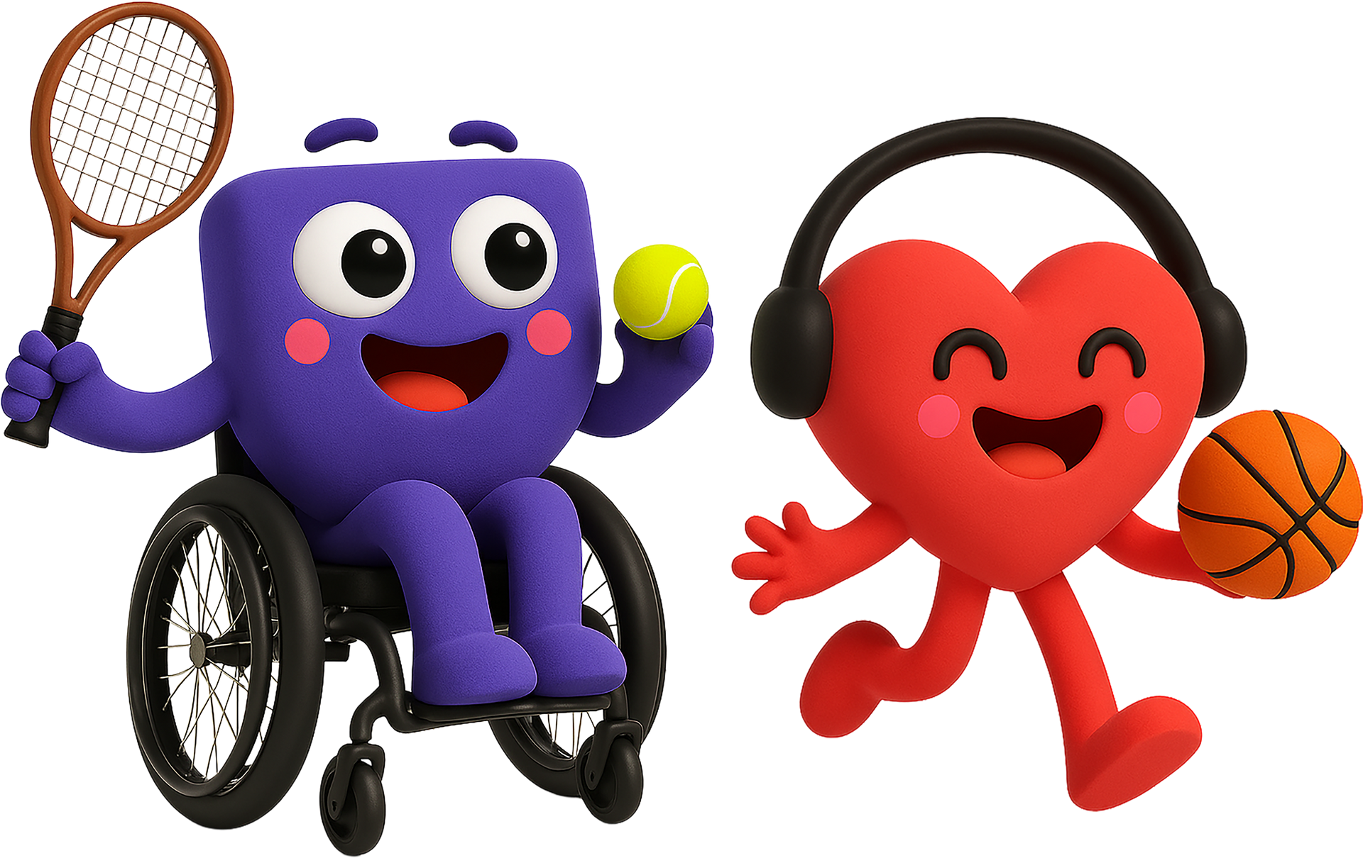 Two cartoon images, the left is a square shaped purple character who holds a tennis racket and ball, they are a wheelchair user. The right, is a red heart shaped character who wears headphones and holds a basketball.
