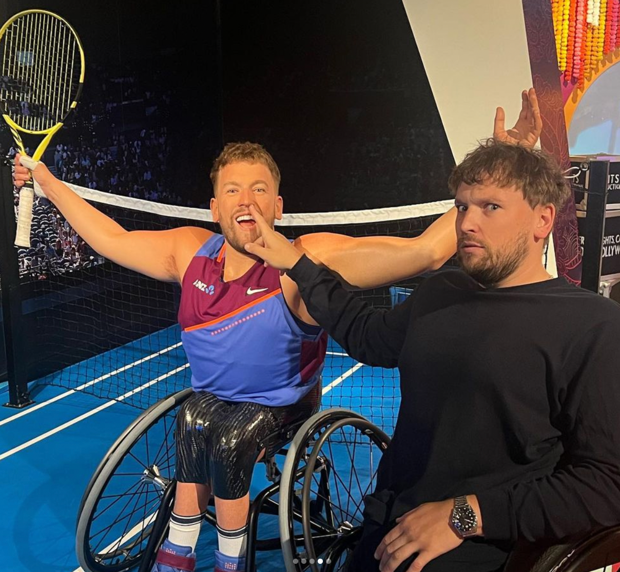 Real Dylan picking the nose of wax figure tennis Dylan.