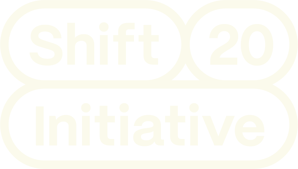 White shift 20 initiative logo in bold text circled.