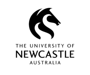 Newcastle University logo, containing an image of a the side profile of a horse and dark text that reads - The University of Newcastle.