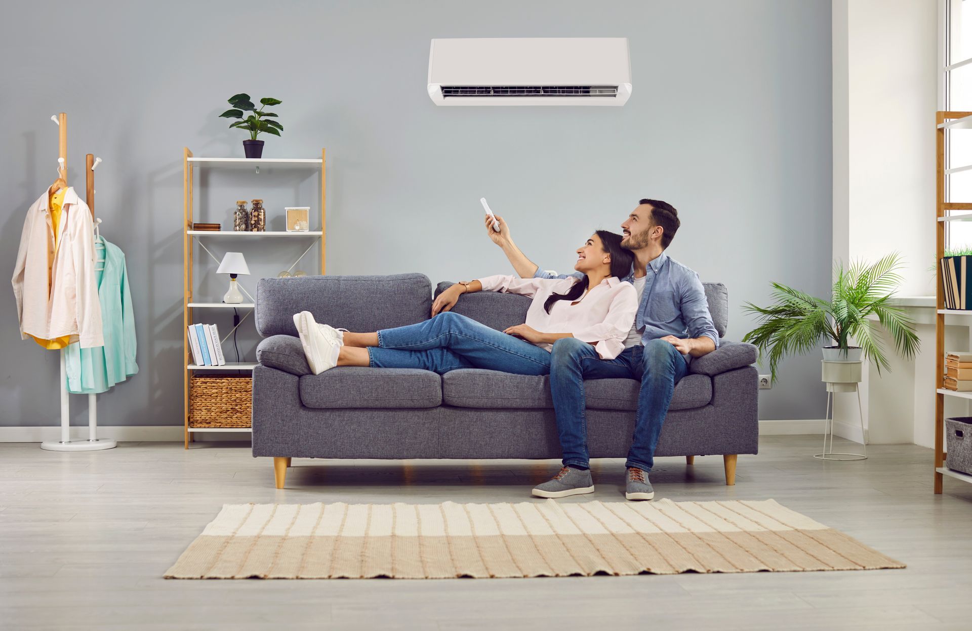 Couple relaxing on a sofa, adjusting an AC unit with a remote. Light-filled living room setting.