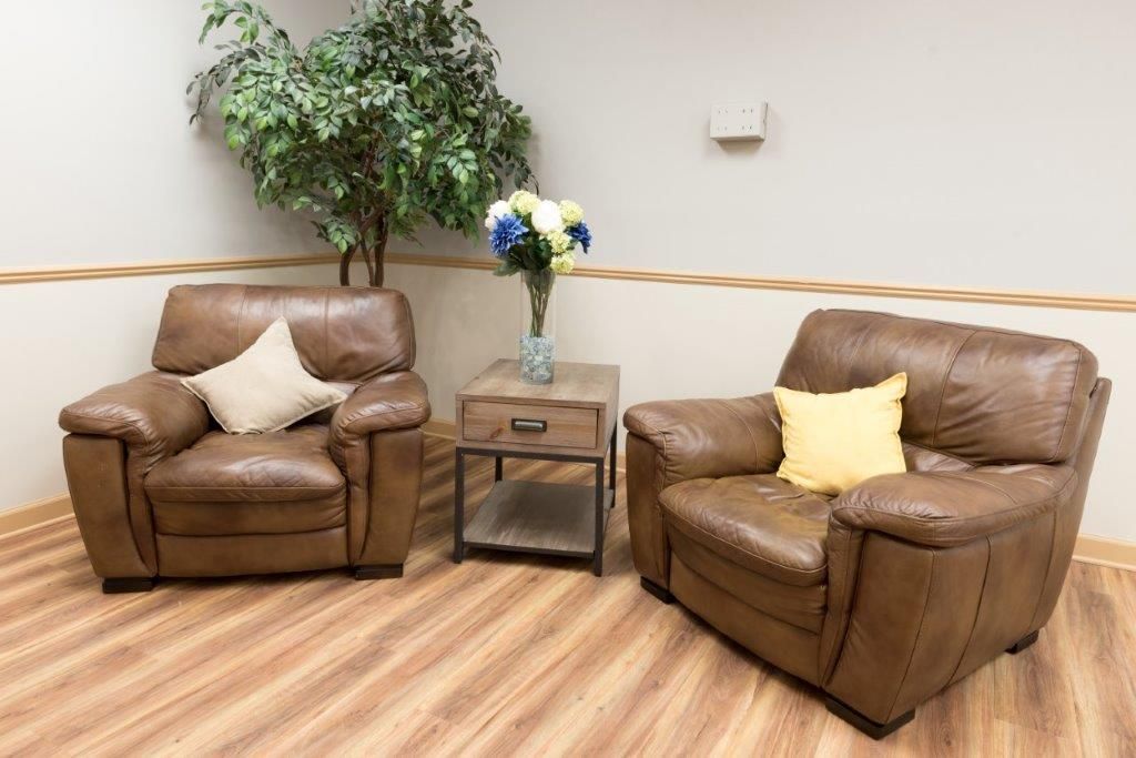 Two brown leather armchairs with pillows in a waiting room with a side table, flowers, and a plant.
