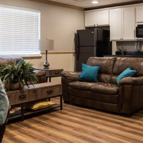 Living room with brown leather sofa, small kitchen, and wood-look flooring.