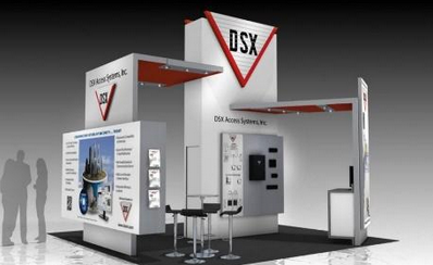 A rendering of a booth for dsx with people standing around it