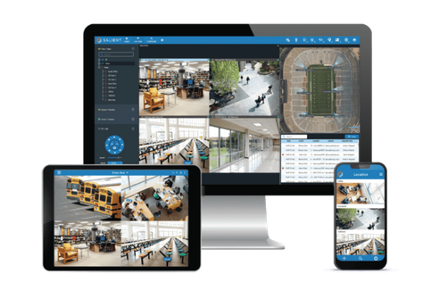 A computer , tablet , and cell phone displaying security camera footage.