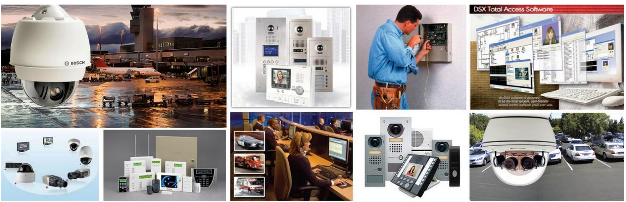 A collage of pictures showing different types of security cameras