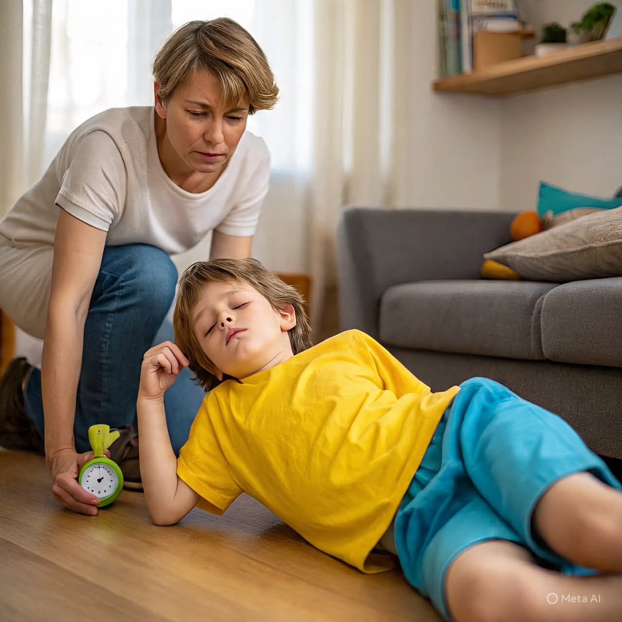 Concerned parent kneeling beside a child lying on the floor after a tantrum