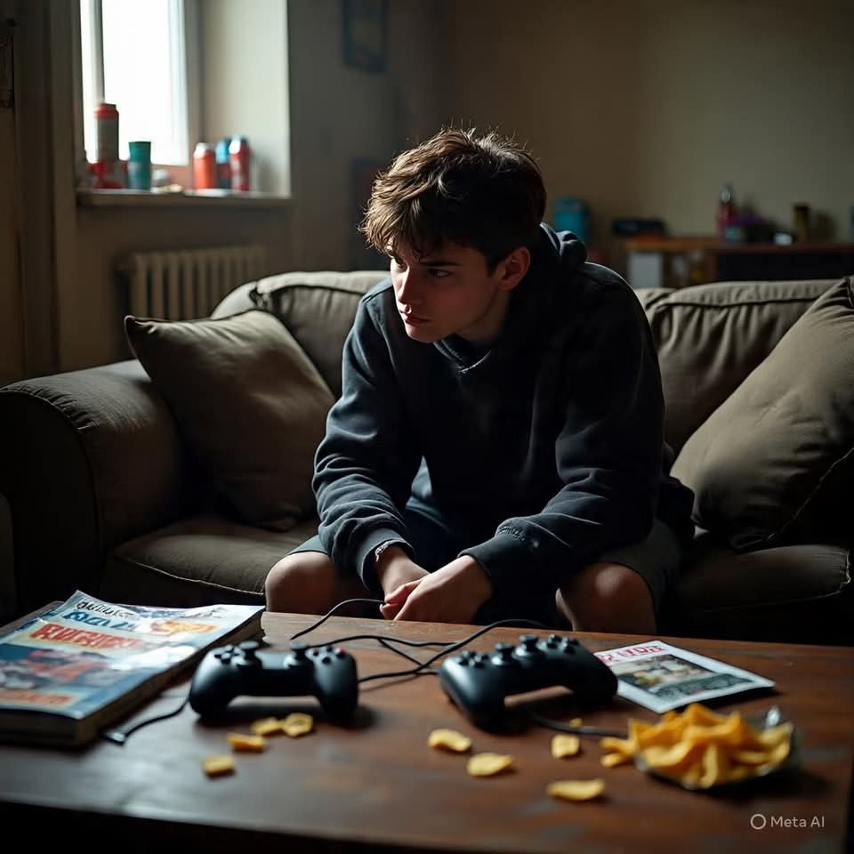 Teen experiencing dopamine downregulation after spending hours playing his favorite video game