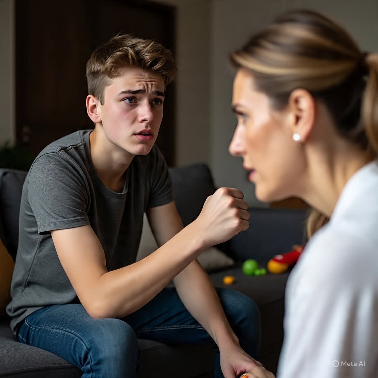 A difficult or emotional conversation between a parent and a teenage boy