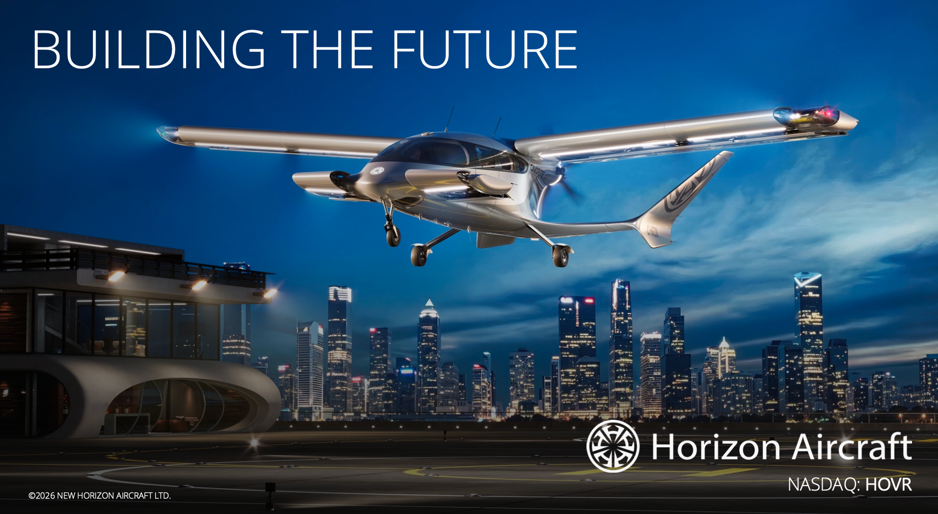 An advertisement for horizon aircraft shows a plane flying over a city at night.