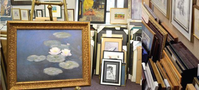 A painting of water lilies on an easel, surrounded by framed art in an art shop.