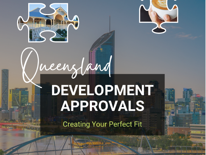 A poster for queensland development approvals with a city in the background