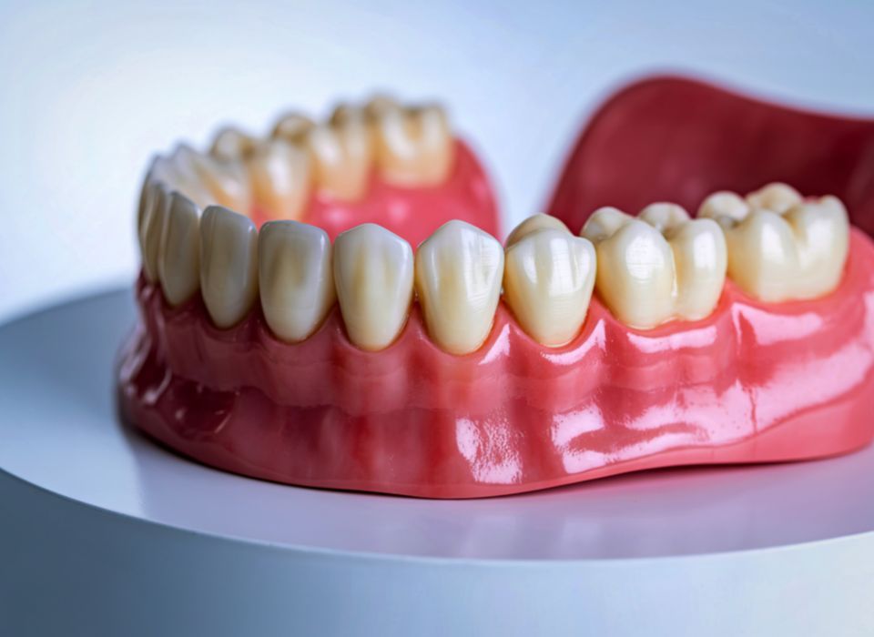Model of upper and lower dentures, pink gums, white teeth.