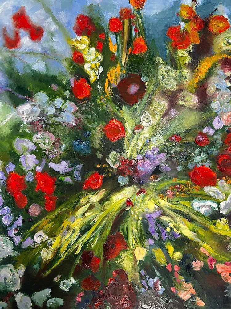 A painting of a bunch of flowers in a vase.