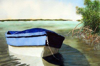 A painting of a blue and white boat in the water