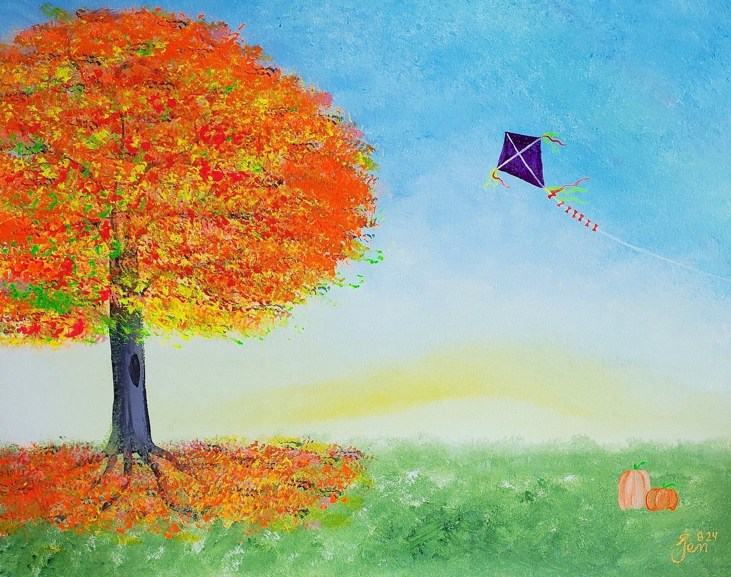 A painting of a tree and a kite in a field.