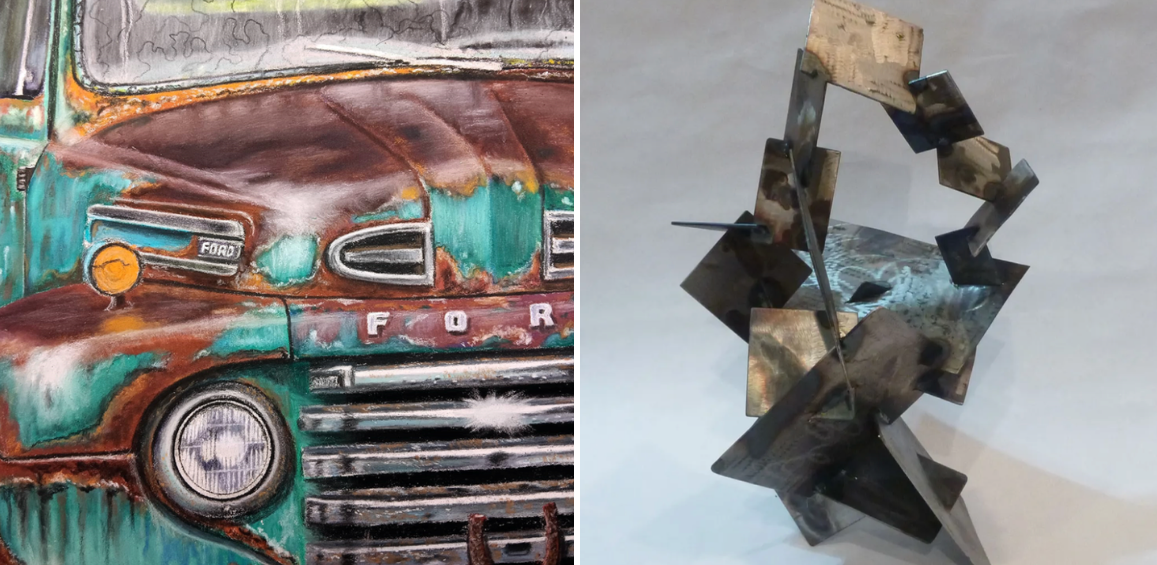 A close-up of a rusted green Ford truck next to an abstract metal sculpture.