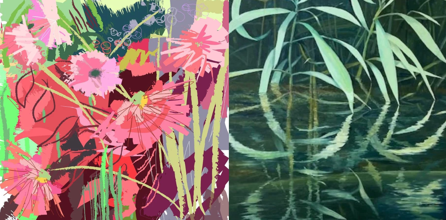 A side-by-side comparison of a colorful, abstract floral painting and a detailed, realistic depiction of reeds in water.