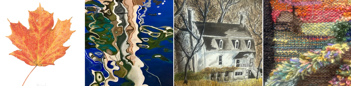 A side-by-side comparison of a colorful, abstract floral painting and a detailed, realistic depiction of reeds in water.