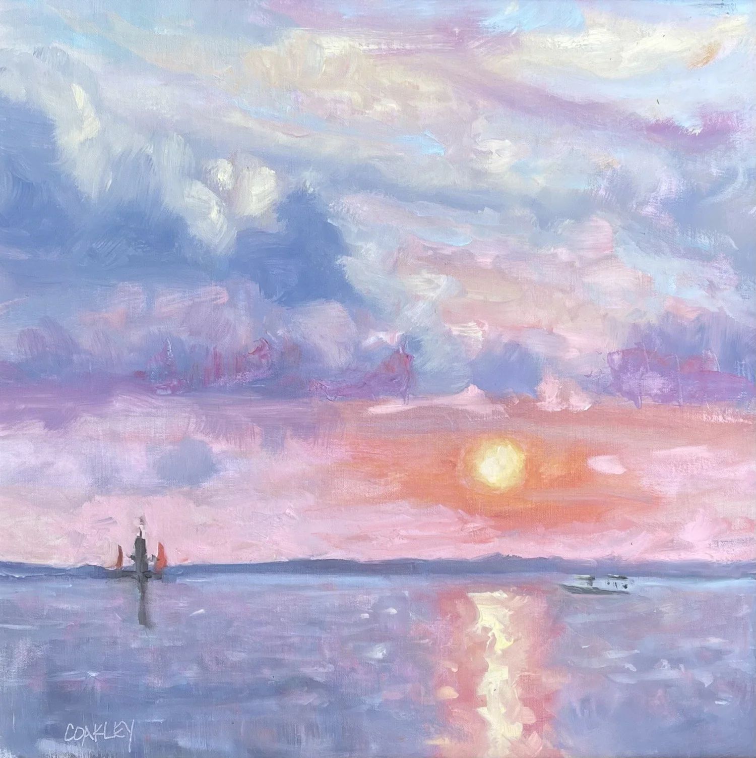 A side-by-side comparison of a colorful, abstract floral painting and a detailed, realistic depiction of reeds in water.