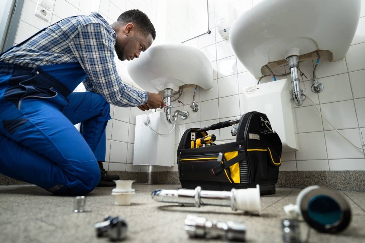 A certified plumber wearing a plaid shirt, fixing a commercial plumbing issue with a sink near Somerset, KY