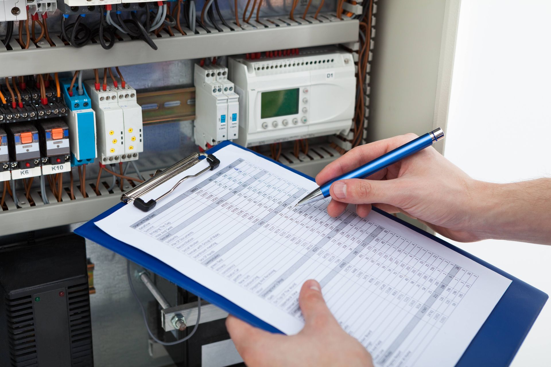 An electrician near Somerset, KY, performing electrical maintenance, holding a blue clipboard and pe