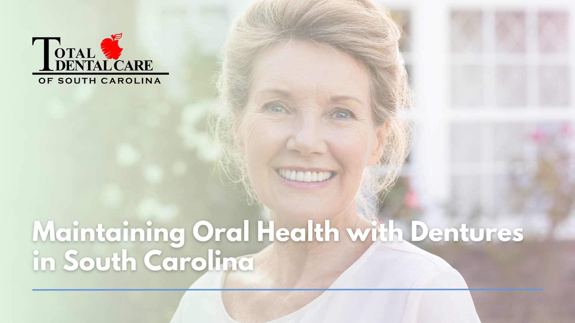 a woman is smiling for the camera while maintaining oral health with dentures in south carolina .