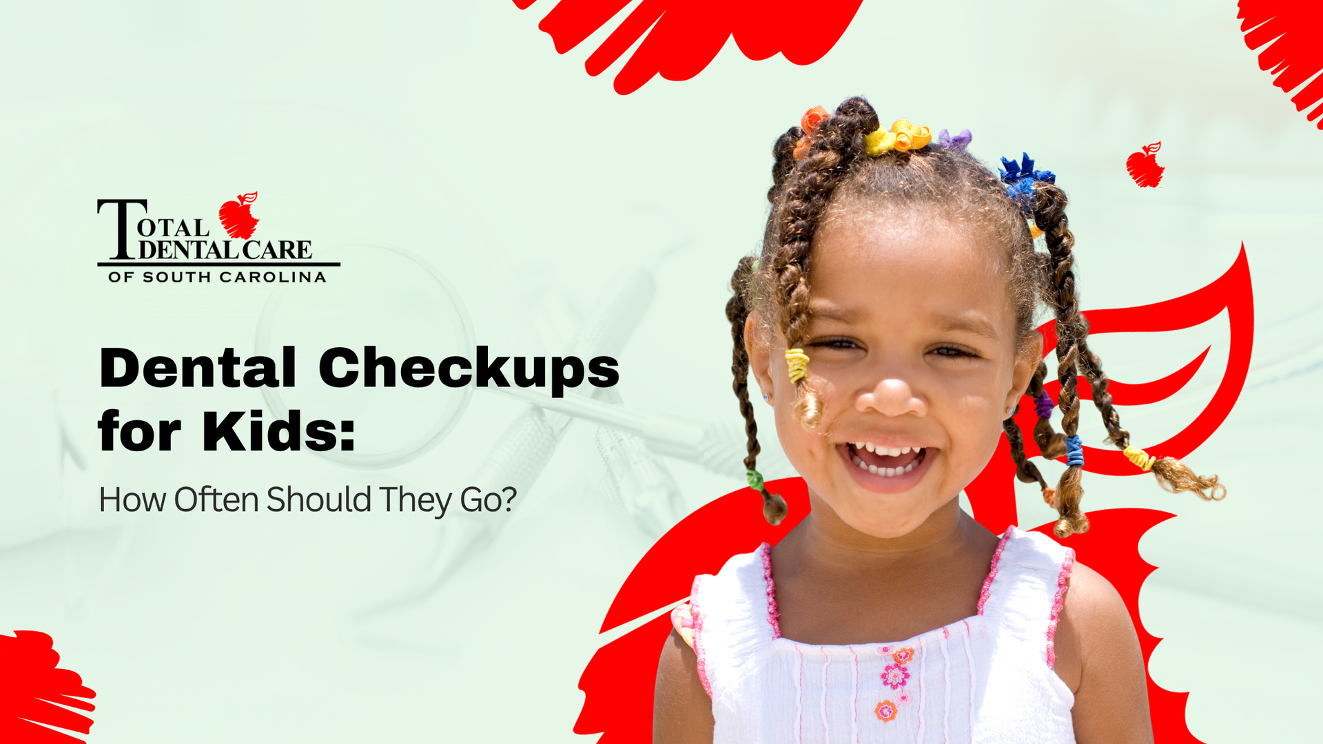 Young girl smiling with braids, dental checkup graphic on background.