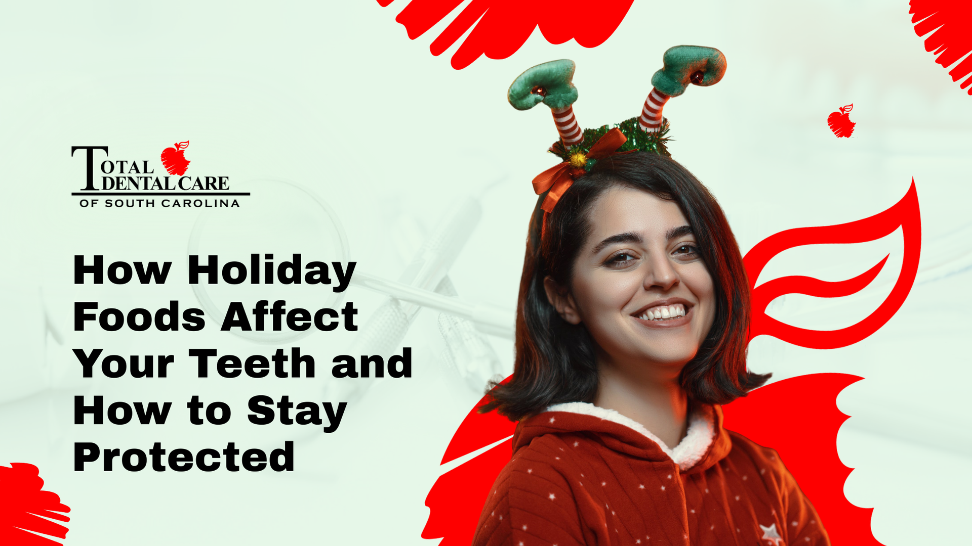 Woman smiling, wearing elf ears, with text: 