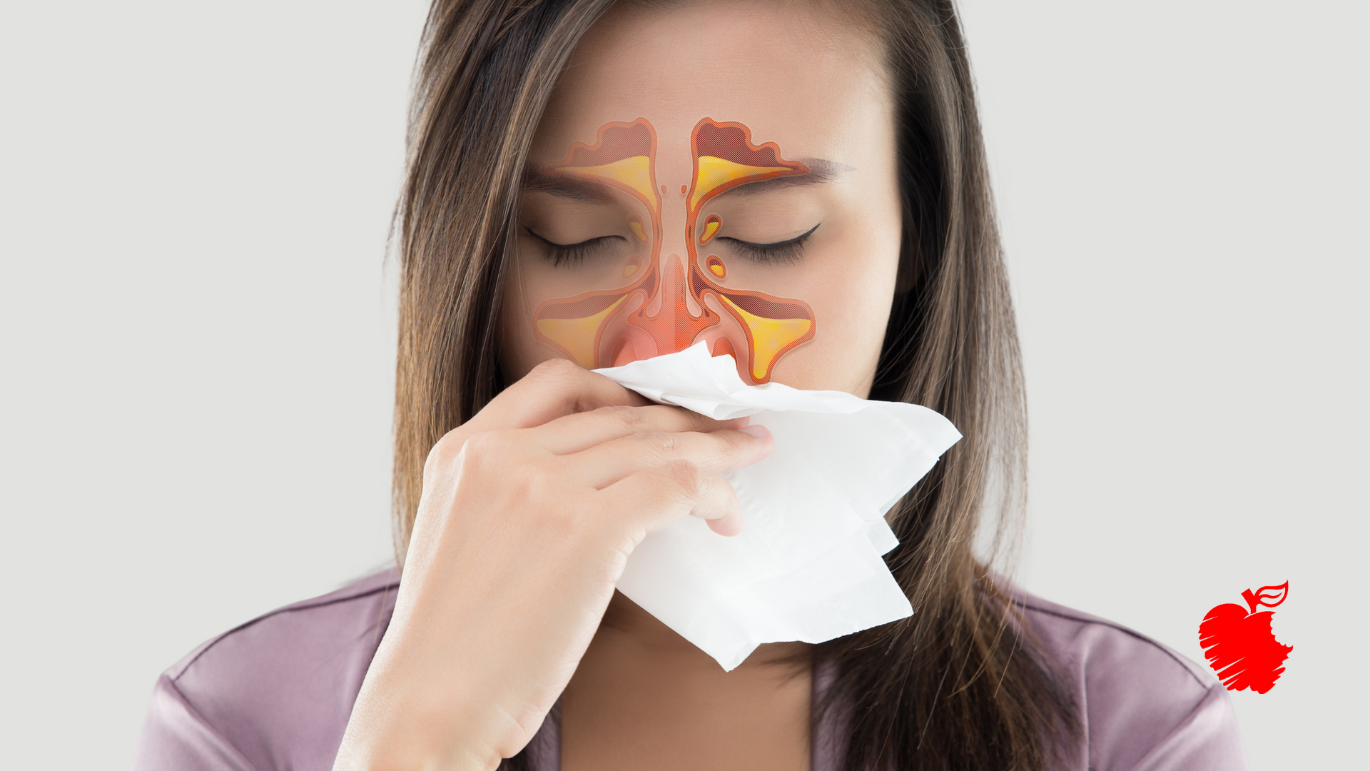 A woman is blowing her nose into a napkin.