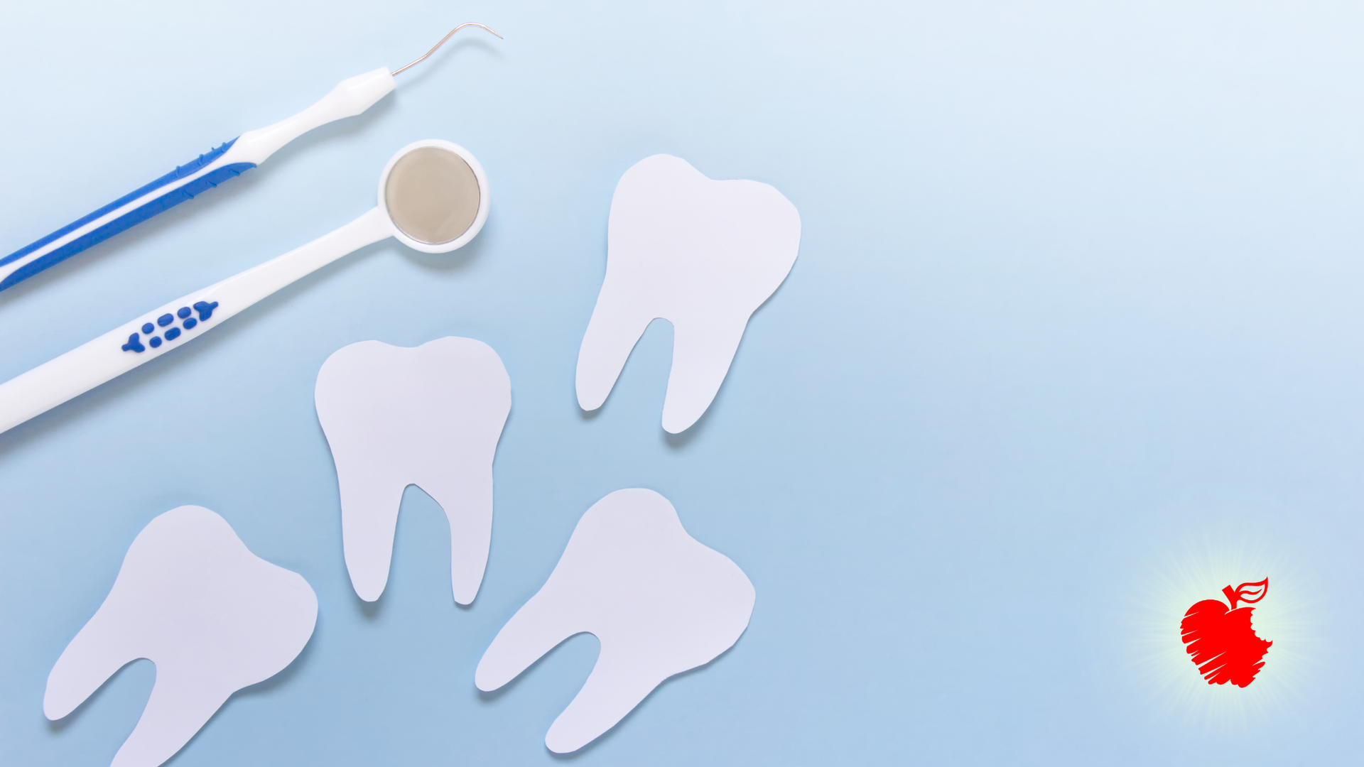 Dental tools and paper teeth on light blue background, red apple logo.