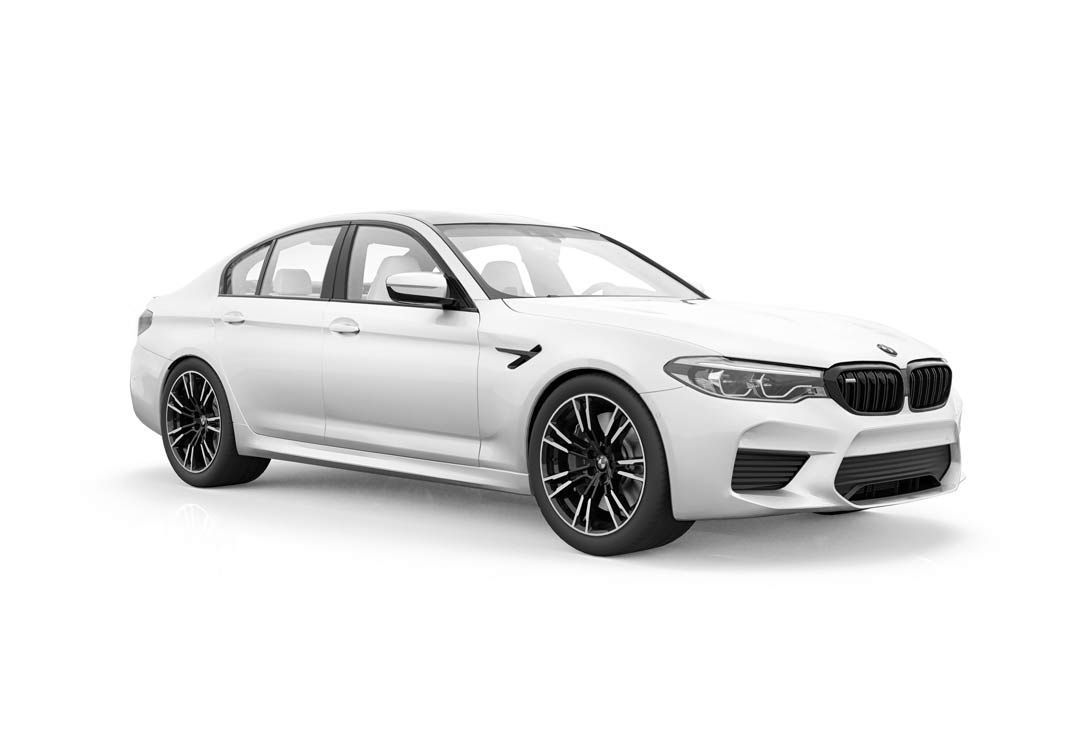 White BMW M5 sedan with black rims.