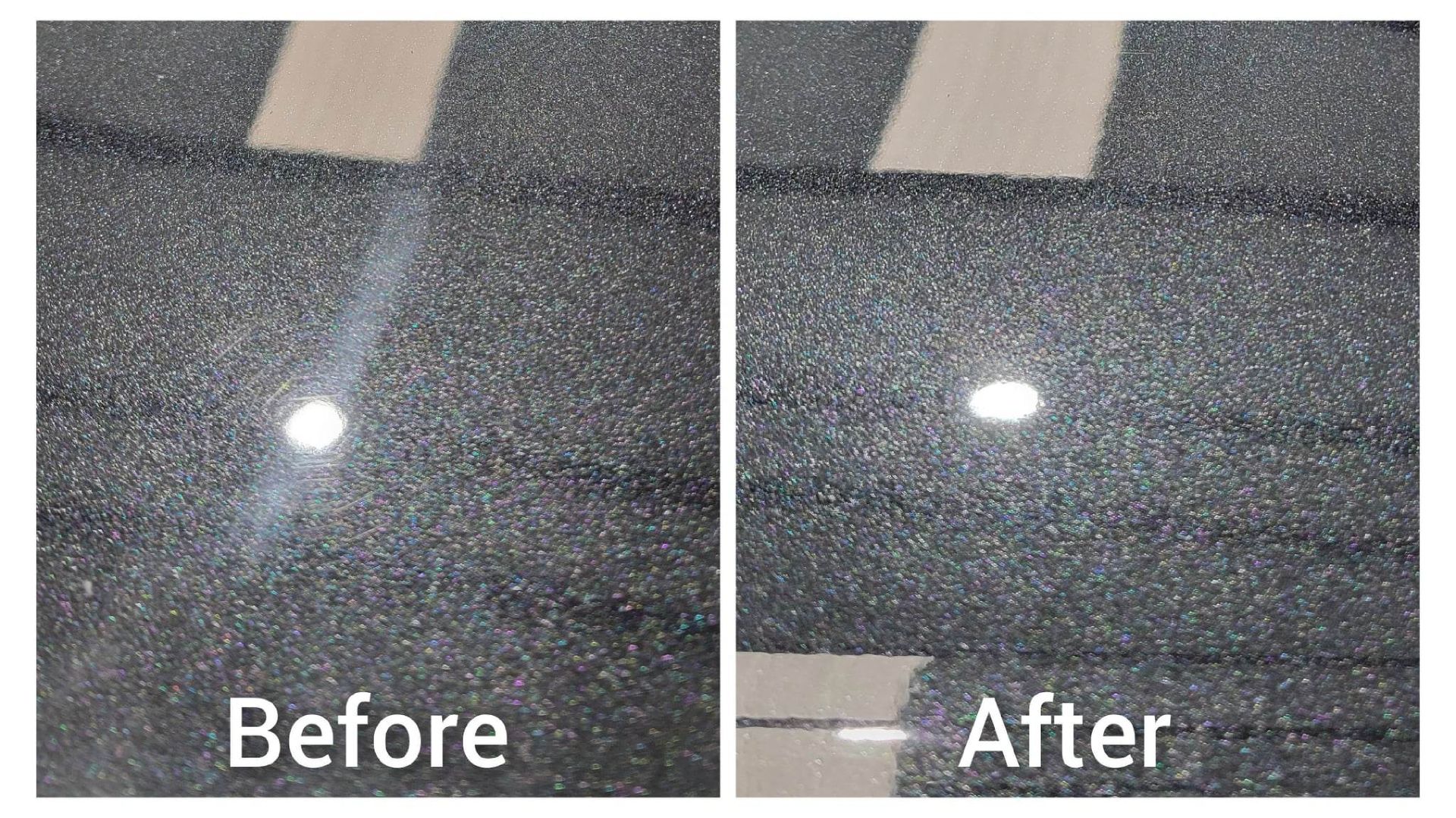 Two side-by-side photos showing a surface before (left) and after (right) cleaning, with a reflective light.