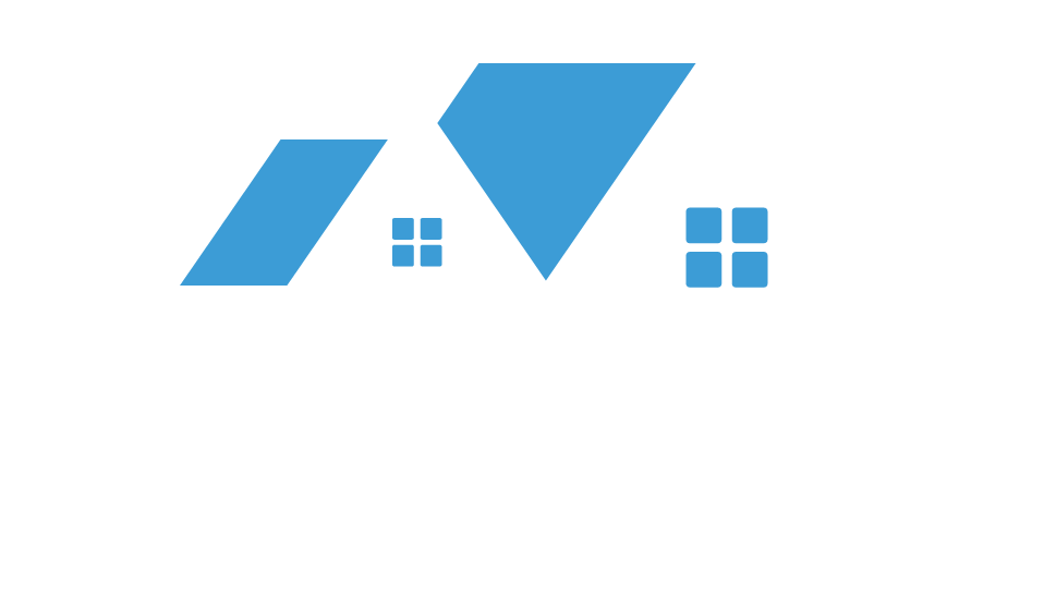 Een blauwe driehoek met twee vensters op een witte achtergrond.