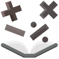 An open book with dark gray mathematical symbols—addition, subtraction, multiplication, and division—floating above it.