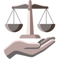 A stylized illustration of a balanced scale held by an open hand, rendered in shades of grey.